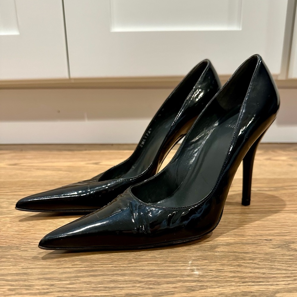 Stuart Weitzman Black Patent Leather Pointed-Toe Stiletto Pumps